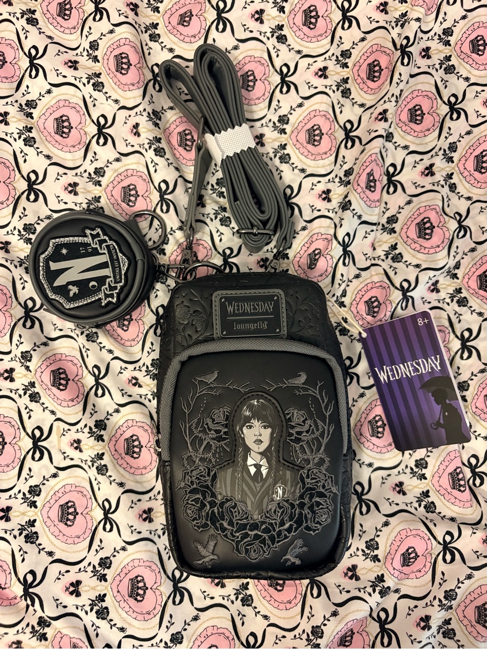 Loungefly Wednesday Black Rose Mini Crossbody Bag with Coin Bag